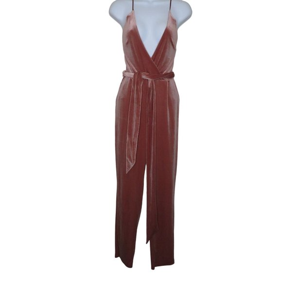 Vintage EXPRESS Velour Jumpsuit XS Pink Deep V Strappy Belted Pockets Back Zip - Picture 3 of 10